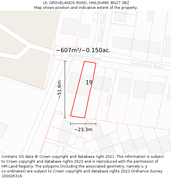 19, GROVELANDS ROAD, HAILSHAM, BN27 3BZ: Plot and title map