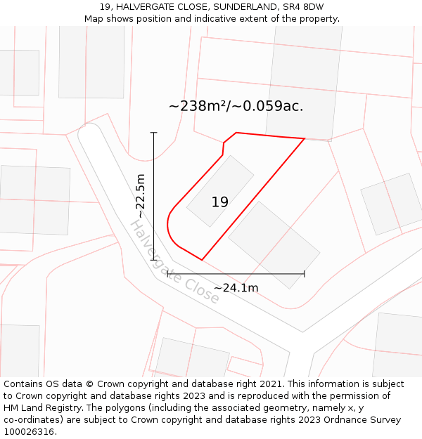 19, HALVERGATE CLOSE, SUNDERLAND, SR4 8DW: Plot and title map