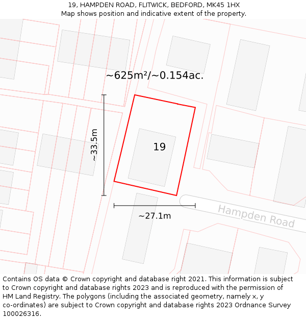 19, HAMPDEN ROAD, FLITWICK, BEDFORD, MK45 1HX: Plot and title map