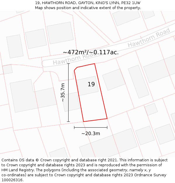 19, HAWTHORN ROAD, GAYTON, KING'S LYNN, PE32 1UW: Plot and title map