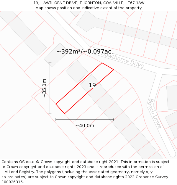 19, HAWTHORNE DRIVE, THORNTON, COALVILLE, LE67 1AW: Plot and title map