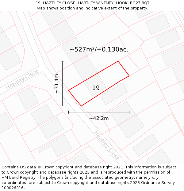 19, HAZELEY CLOSE, HARTLEY WINTNEY, HOOK, RG27 8QT: Plot and title map