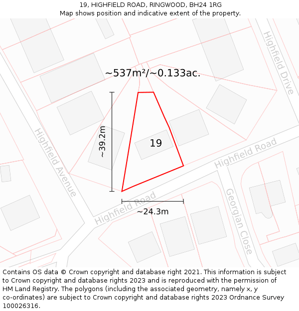 19, HIGHFIELD ROAD, RINGWOOD, BH24 1RG: Plot and title map