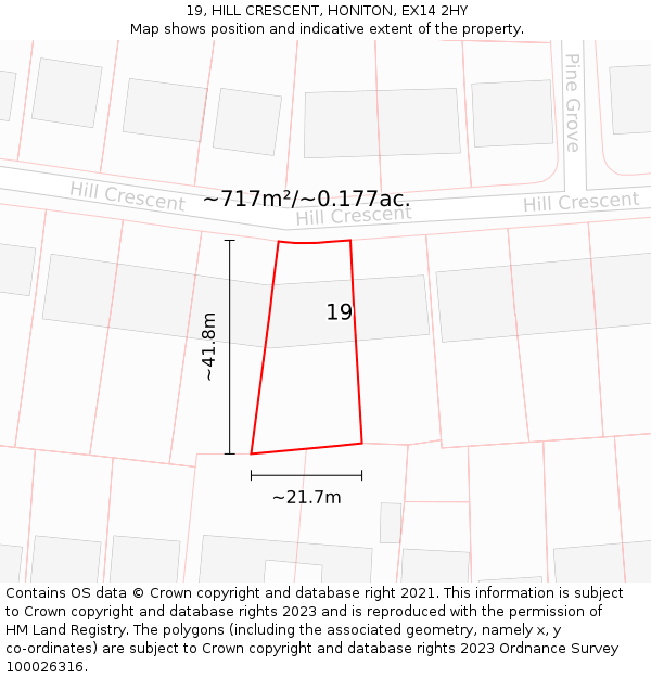 19, HILL CRESCENT, HONITON, EX14 2HY: Plot and title map