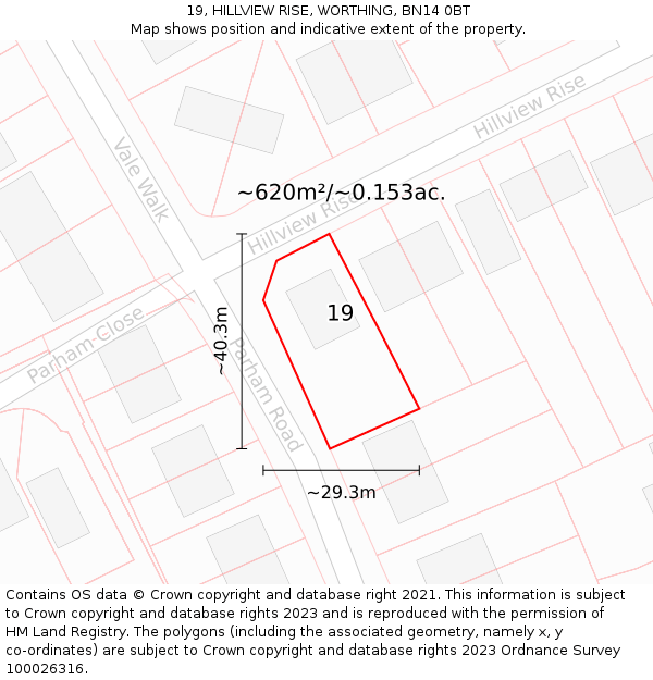 19, HILLVIEW RISE, WORTHING, BN14 0BT: Plot and title map