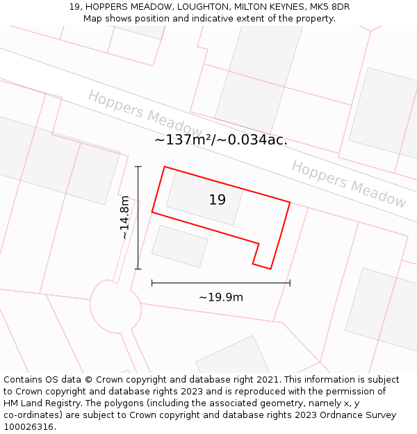 19, HOPPERS MEADOW, LOUGHTON, MILTON KEYNES, MK5 8DR: Plot and title map