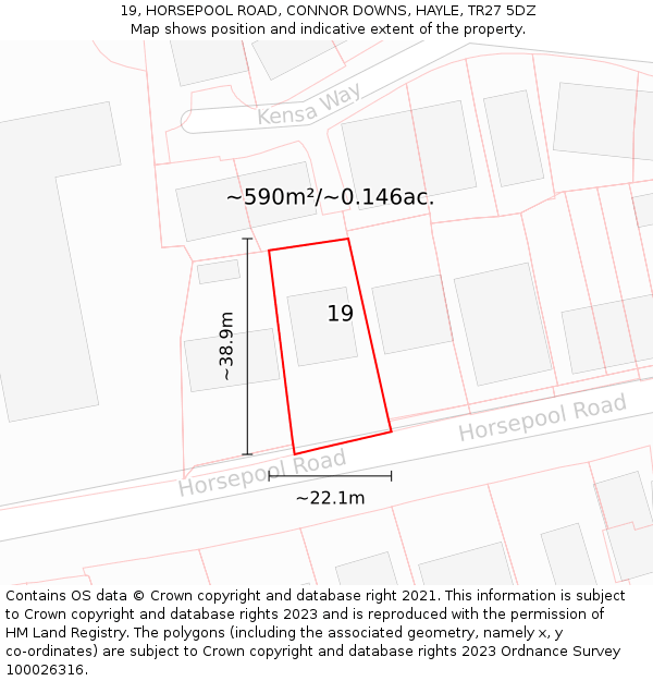 19, HORSEPOOL ROAD, CONNOR DOWNS, HAYLE, TR27 5DZ: Plot and title map