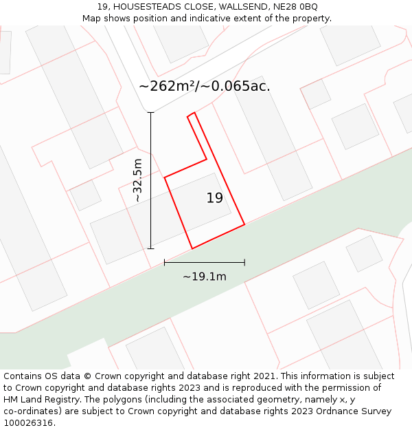 19, HOUSESTEADS CLOSE, WALLSEND, NE28 0BQ: Plot and title map