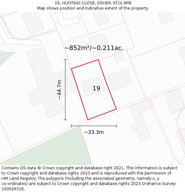 19, HUNTING CLOSE, ESHER, KT10 8PB: Plot and title map