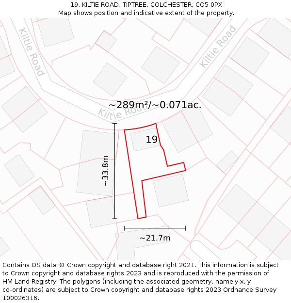 19, KILTIE ROAD, TIPTREE, COLCHESTER, CO5 0PX: Plot and title map