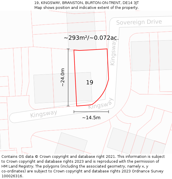 19, KINGSWAY, BRANSTON, BURTON-ON-TRENT, DE14 3JT: Plot and title map