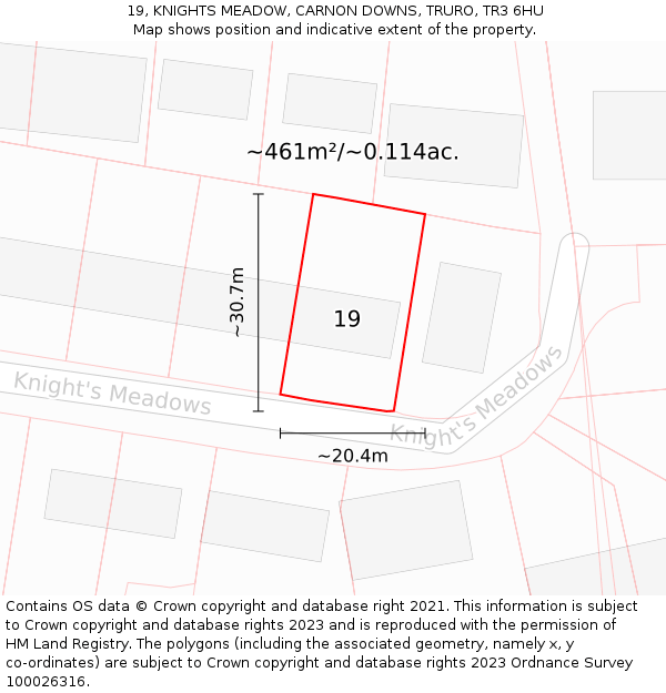 19, KNIGHTS MEADOW, CARNON DOWNS, TRURO, TR3 6HU: Plot and title map
