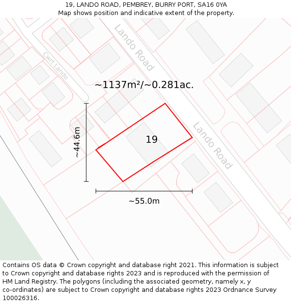 19, LANDO ROAD, PEMBREY, BURRY PORT, SA16 0YA: Plot and title map