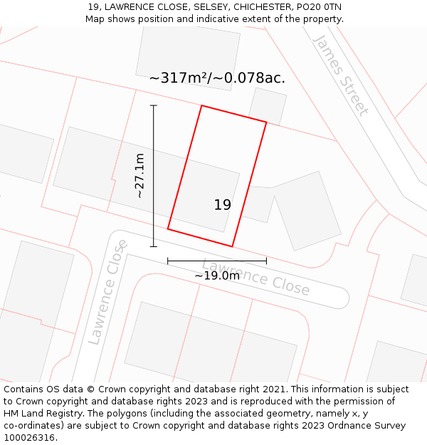 19, LAWRENCE CLOSE, SELSEY, CHICHESTER, PO20 0TN: Plot and title map