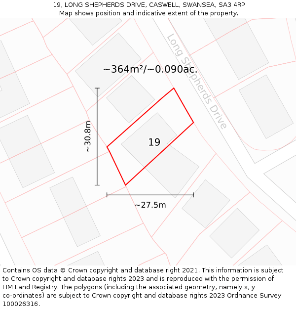 19, LONG SHEPHERDS DRIVE, CASWELL, SWANSEA, SA3 4RP: Plot and title map