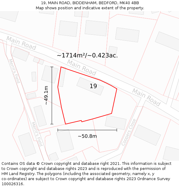 19, MAIN ROAD, BIDDENHAM, BEDFORD, MK40 4BB: Plot and title map