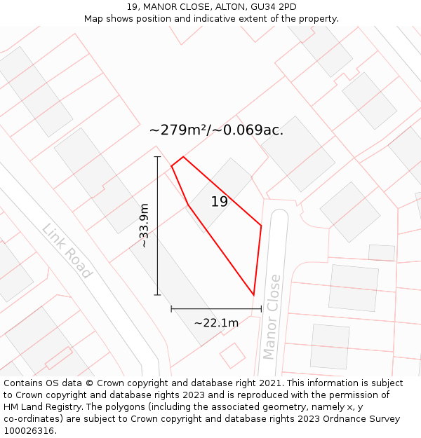 19, MANOR CLOSE, ALTON, GU34 2PD: Plot and title map