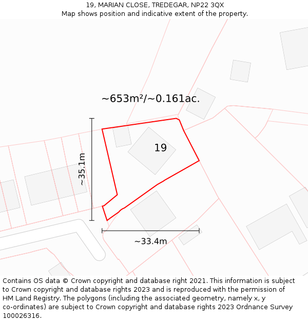 19, MARIAN CLOSE, TREDEGAR, NP22 3QX: Plot and title map