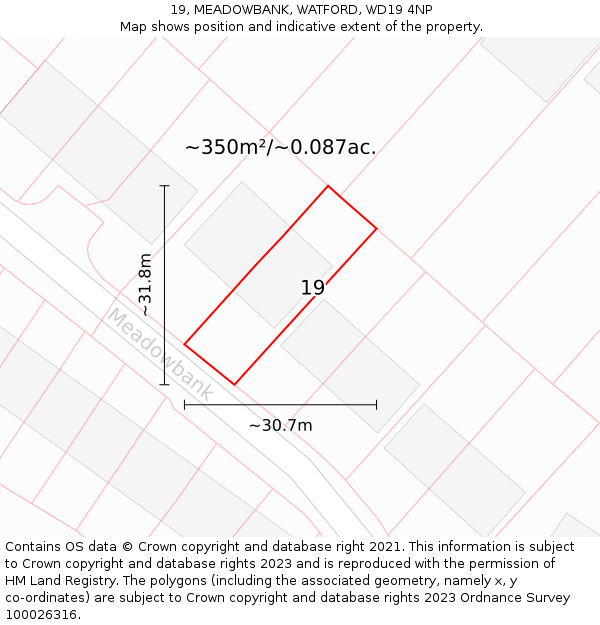 19, MEADOWBANK, WATFORD, WD19 4NP: Plot and title map