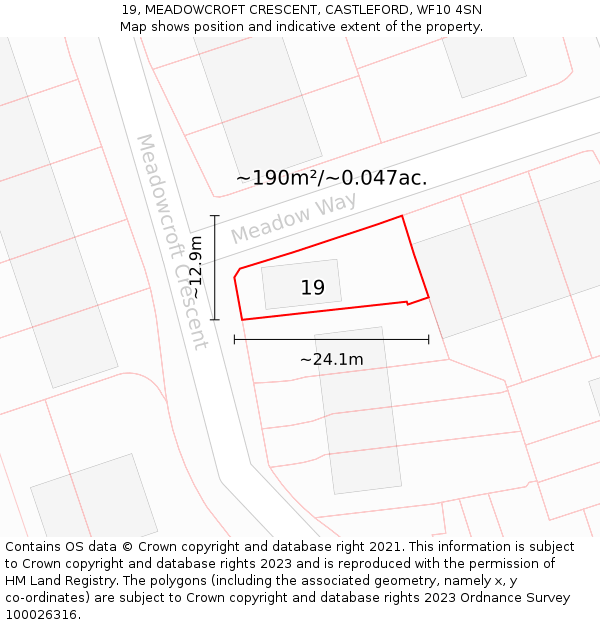 19, MEADOWCROFT CRESCENT, CASTLEFORD, WF10 4SN: Plot and title map