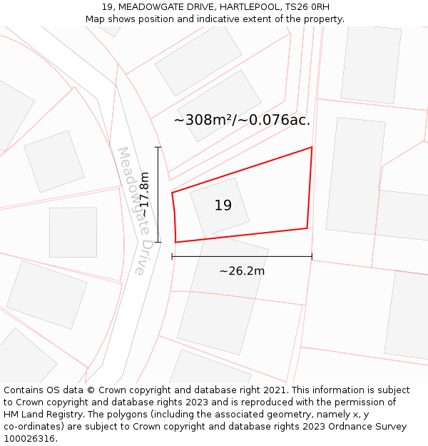 19, MEADOWGATE DRIVE, HARTLEPOOL, TS26 0RH: Plot and title map