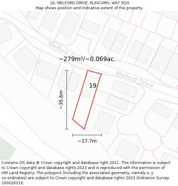 19, MELFORD DRIVE, RUNCORN, WA7 5DG: Plot and title map