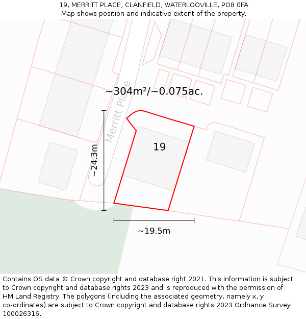 19, MERRITT PLACE, CLANFIELD, WATERLOOVILLE, PO8 0FA: Plot and title map