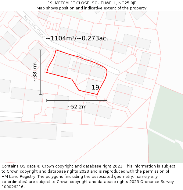 19, METCALFE CLOSE, SOUTHWELL, NG25 0JE: Plot and title map