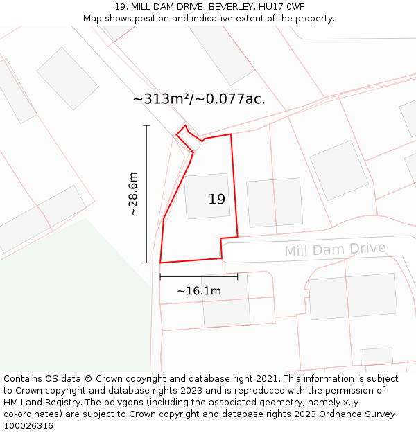 19, MILL DAM DRIVE, BEVERLEY, HU17 0WF: Plot and title map