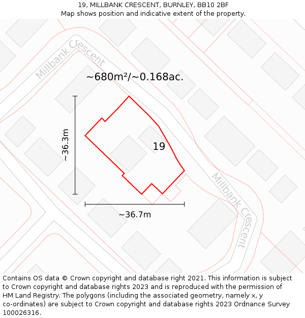 19, MILLBANK CRESCENT, BURNLEY, BB10 2BF: Plot and title map