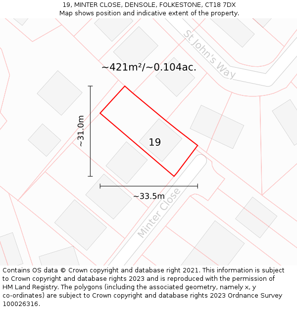 19, MINTER CLOSE, DENSOLE, FOLKESTONE, CT18 7DX: Plot and title map