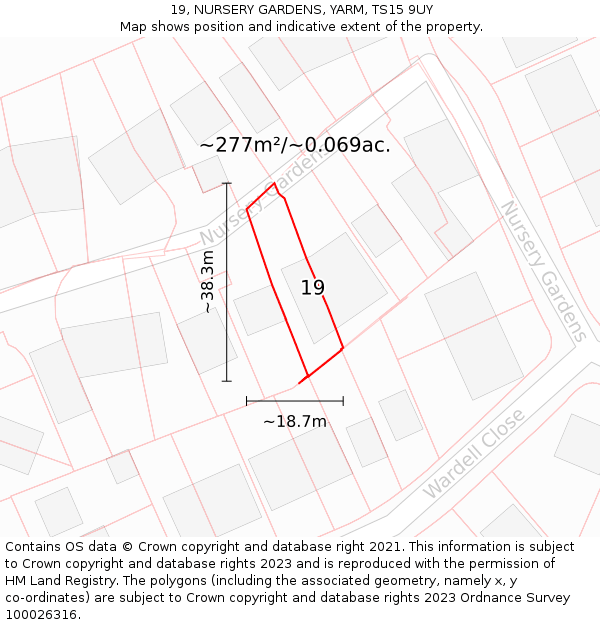 19, NURSERY GARDENS, YARM, TS15 9UY: Plot and title map