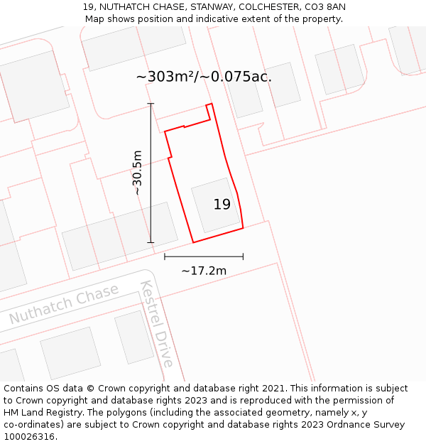 19, NUTHATCH CHASE, STANWAY, COLCHESTER, CO3 8AN: Plot and title map