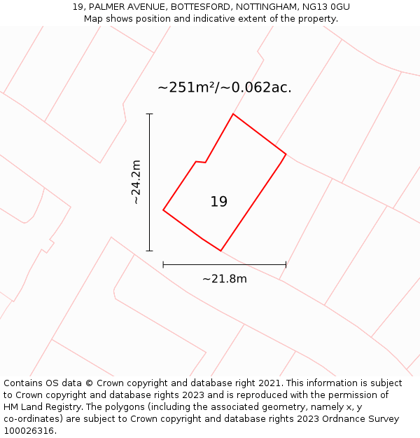 19, PALMER AVENUE, BOTTESFORD, NOTTINGHAM, NG13 0GU: Plot and title map