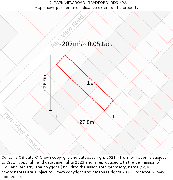 19, PARK VIEW ROAD, BRADFORD, BD9 4PA: Plot and title map