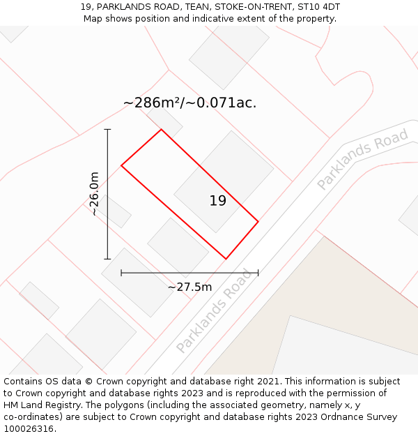 19, PARKLANDS ROAD, TEAN, STOKE-ON-TRENT, ST10 4DT: Plot and title map