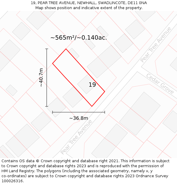 19, PEAR TREE AVENUE, NEWHALL, SWADLINCOTE, DE11 0NA: Plot and title map