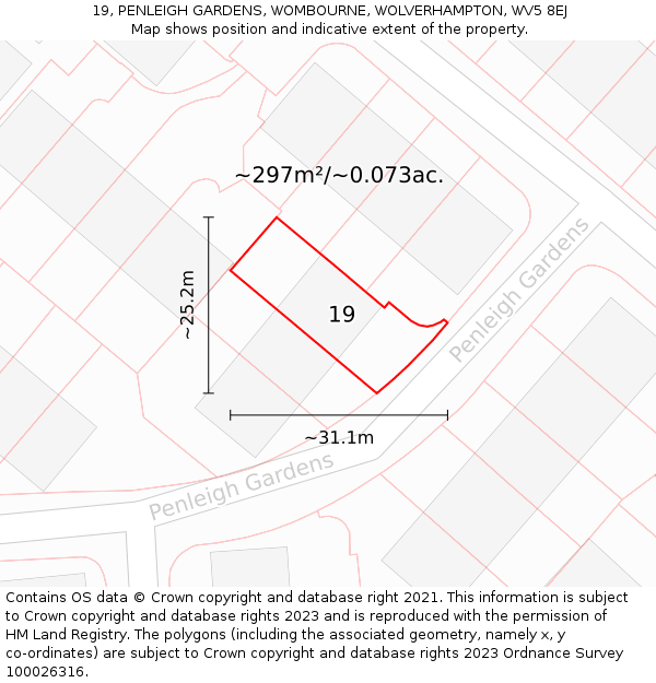 19, PENLEIGH GARDENS, WOMBOURNE, WOLVERHAMPTON, WV5 8EJ: Plot and title map