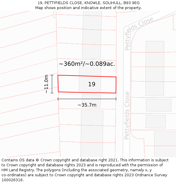 19, PETTYFIELDS CLOSE, KNOWLE, SOLIHULL, B93 9EG: Plot and title map