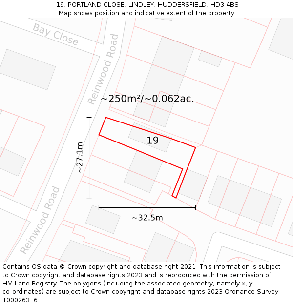 19, PORTLAND CLOSE, LINDLEY, HUDDERSFIELD, HD3 4BS: Plot and title map