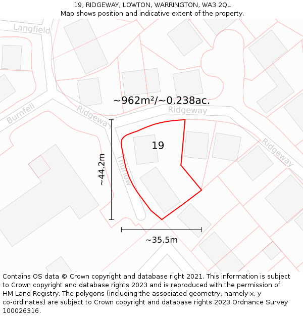 19, RIDGEWAY, LOWTON, WARRINGTON, WA3 2QL: Plot and title map