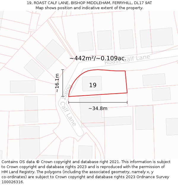 19, ROAST CALF LANE, BISHOP MIDDLEHAM, FERRYHILL, DL17 9AT: Plot and title map