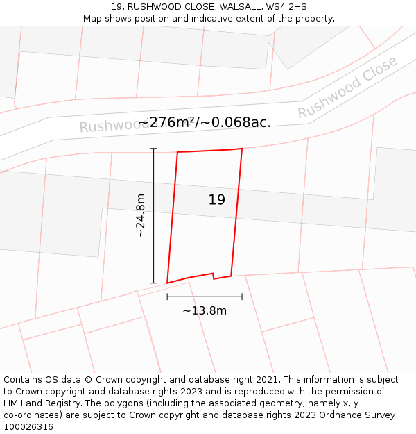 19, RUSHWOOD CLOSE, WALSALL, WS4 2HS: Plot and title map