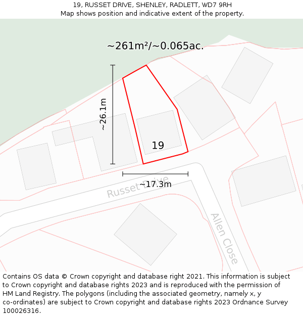 19, RUSSET DRIVE, SHENLEY, RADLETT, WD7 9RH: Plot and title map