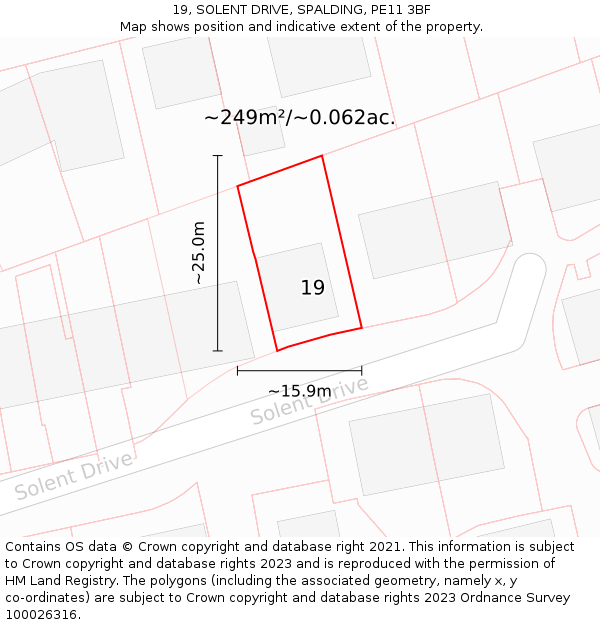 19, SOLENT DRIVE, SPALDING, PE11 3BF: Plot and title map