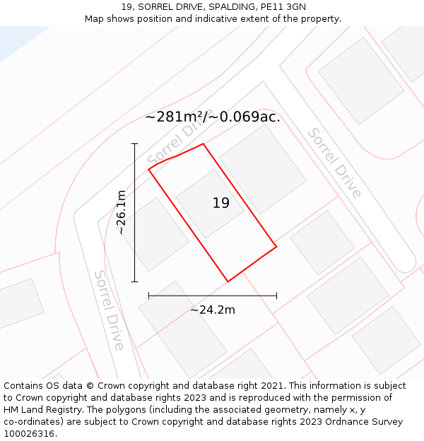 19, SORREL DRIVE, SPALDING, PE11 3GN: Plot and title map