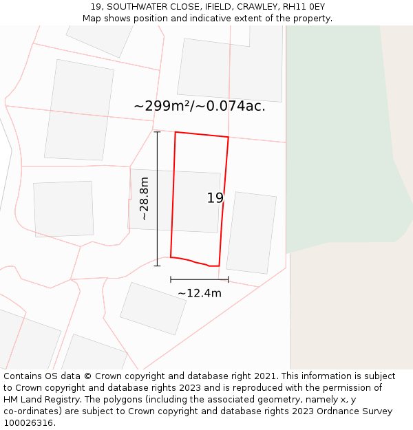 19, SOUTHWATER CLOSE, IFIELD, CRAWLEY, RH11 0EY: Plot and title map