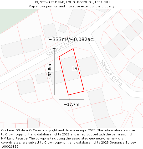 19, STEWART DRIVE, LOUGHBOROUGH, LE11 5RU: Plot and title map