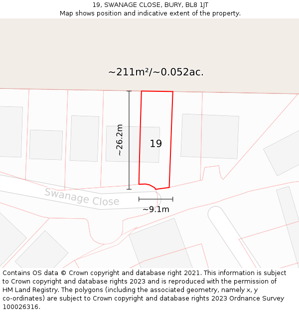 19, SWANAGE CLOSE, BURY, BL8 1JT: Plot and title map
