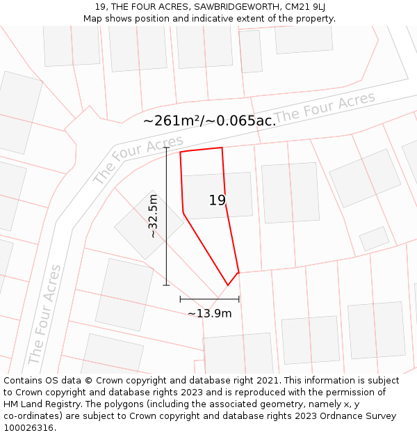 19, THE FOUR ACRES, SAWBRIDGEWORTH, CM21 9LJ: Plot and title map